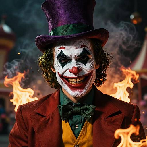 Photograph of a sinister clown with white face paint, red nose, black eye makeup, and wide grin, wearing a purple top hat, red jacket