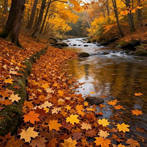 Photograph of a serene autumn forest stream, with vibrant orange and yellow leaves scattered on the ground and reflecting in the water.
