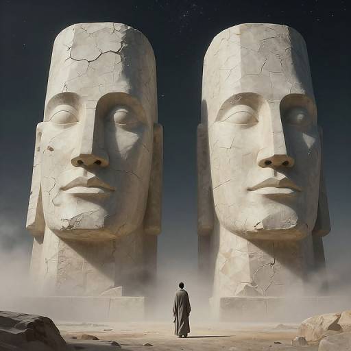 Photograph-like digital art of a solitary figure in a long robe standing between two massive, cracked Moai statues under a starry night sky.