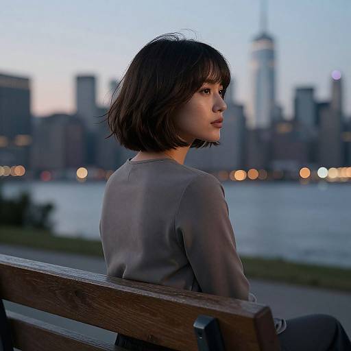 Elegant Woman Overlooking Dusk Cityscape