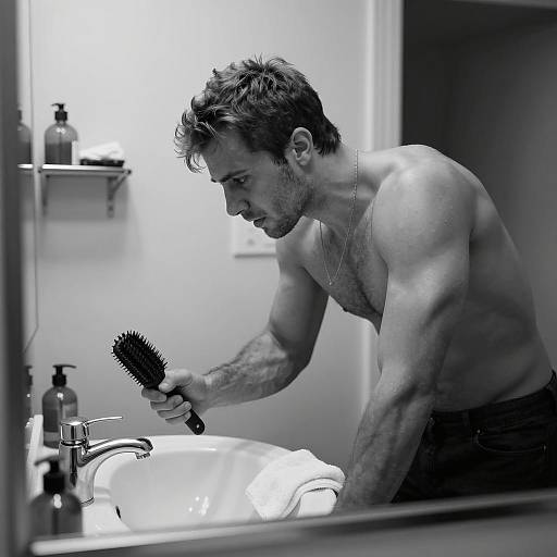 Shirtless Man Holding Hairbrush in Bathroom