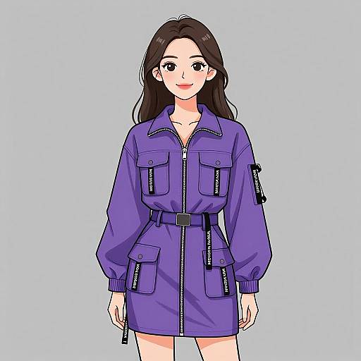 Smiling Woman in Purple Utility Dress