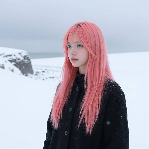 Photograph of a fair-skinned woman with long, vibrant pink hair, wearing a black coat, standing in a snowy landscape with a cloudy sky.