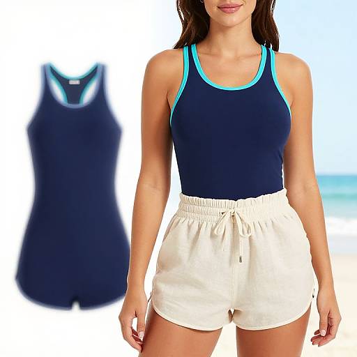 Photograph of a woman in a navy blue tank top with blue trim and white shorts, standing against a blurred beach background, with a similar outfit displayed