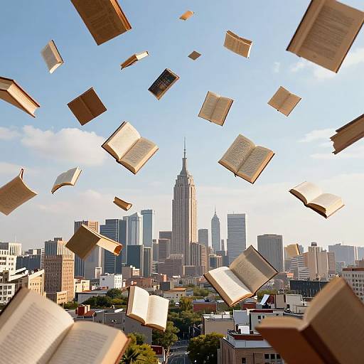 Photograph of a cityscape with the Empire State Building, books of various sizes and types flying through a clear blue sky.