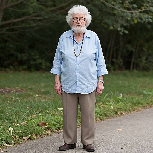 Photograph of an elderly white man with white curly hair, glasses, beard, light blue shirt, beige pants, black shoes, standing on a paved