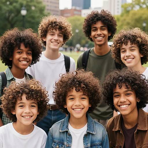 Photograph of seven smiling, curly-haired, young boys of diverse backgrounds, standing outdoors in a park, wearing casual clothes and backpacks.