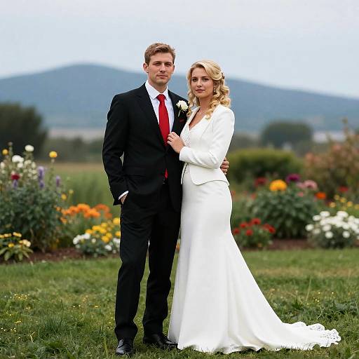 Photograph of a blonde bride in a white dress and a tall groom in a black suit with a red tie, standing in a colorful garden with mountains