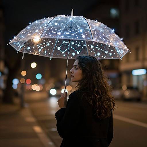 Photograph of a woman with wavy brown hair holding a glowing, starlit transparent umbrella on a nighttime city street.