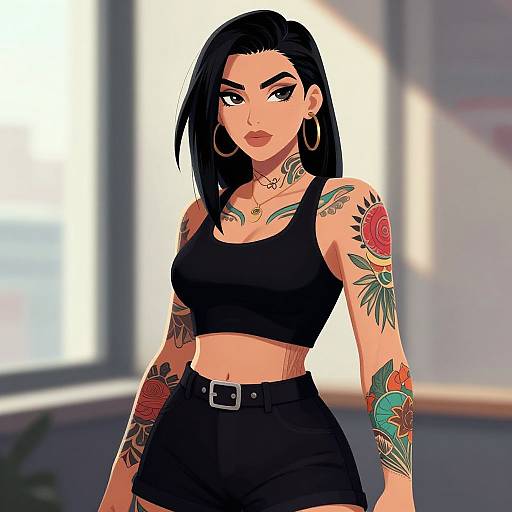 Bold Modern Woman with Vibrant Tattoos