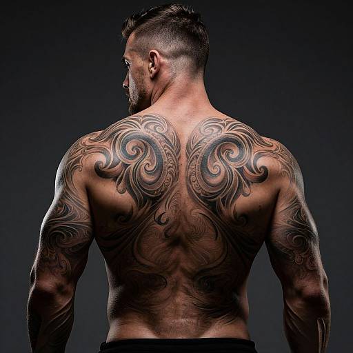 Photograph of a muscular, tattooed man with intricate, swirling back tattoos, viewed from behind against a dark, gradient background.