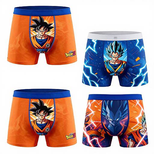 Photograph of four pairs of boxer shorts featuring dynamic anime-style illustrations of Son Goku and Vegeta in orange and blue designs.