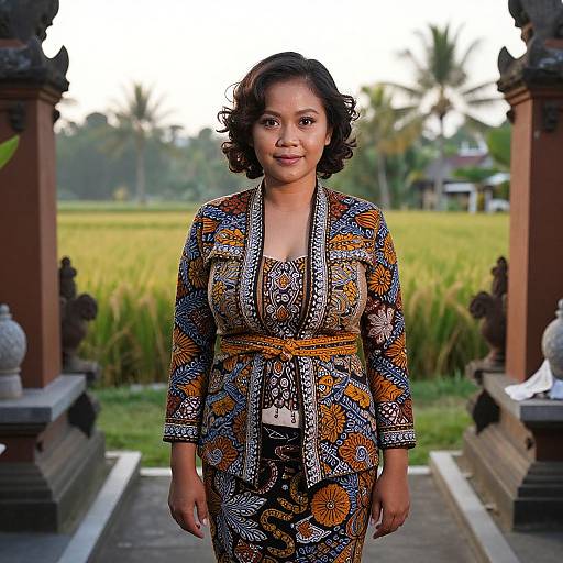 Photograph of a smiling woman with short curly hair, wearing a colorful, patterned dress, standing in front of a traditional Balinese gate with a