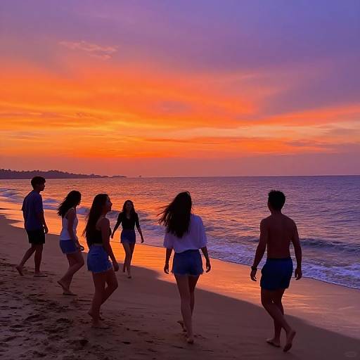 Photograph of five young people, four women and one man, walking on a beach at sunset, silhouetted against vibrant orange and purple sky