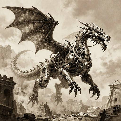 Steampunk Dragon Over Ancient Ruins