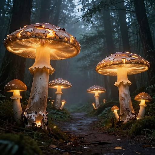 Photograph of glowing, illuminated mushrooms with orange-glowing caps in a dark, misty forest, standing tall on a moss-covered dirt path.
