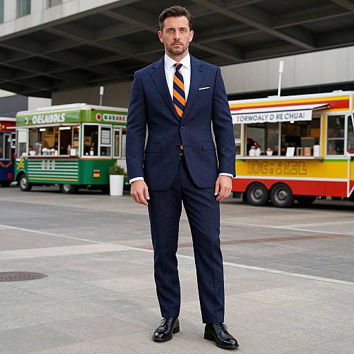 Photograph of a handsome man in a dark navy suit with a white shirt and orange-striped tie, standing confidently on a city street with a green and