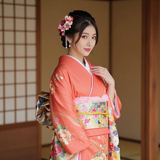 Elegant Woman in Coral Furisode Kimono