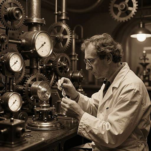 Steampunk Laboratory with Scientist and Gears
