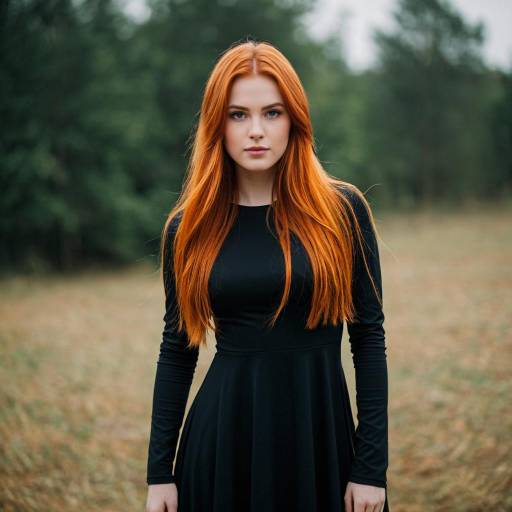 Young Woman with Long Red Hair in Black Dress Outdoors
