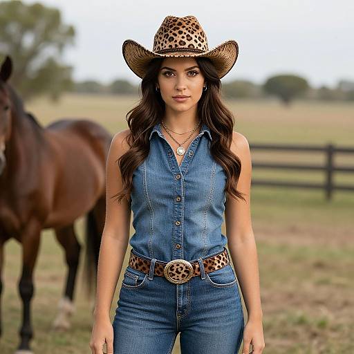 Photograph of a young woman with long dark hair, wearing a leopard-print cowboy hat, blue denim sleeveless shirt, and matching jeans with leopard belt