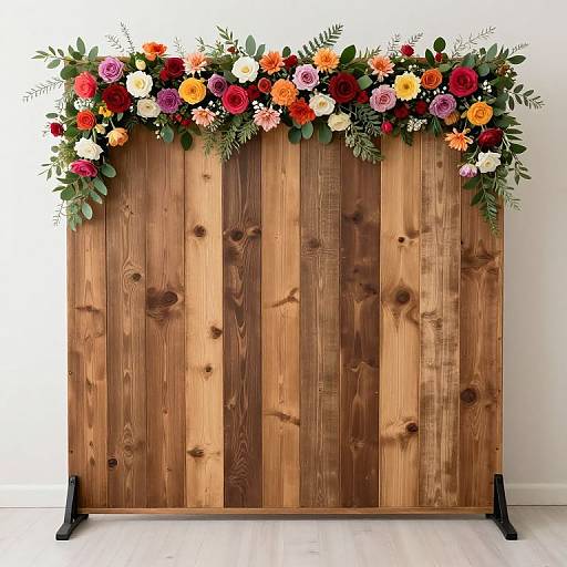 Photograph of a rustic wooden cabinet adorned with a vibrant, colorful floral garland featuring red, orange, yellow, and white flowers.