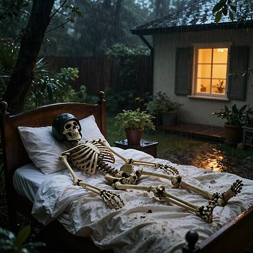 Photograph of a skeleton on a white bed outside in rain, lit by a warm window, surrounded by plants and water.