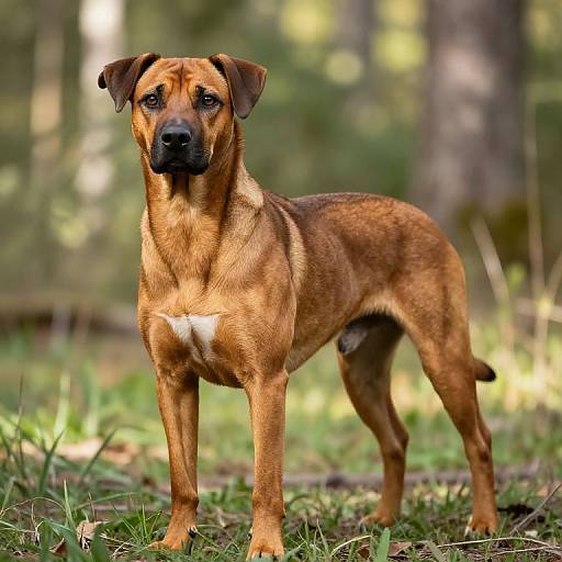 Photograph of a brown, muscular dog with a white chest patch standing in a sunlit forest, looking directly at the camera.