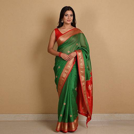 Photograph of a beautiful South Asian woman with dark hair, wearing a green saree with red and gold borders, red blouse, and gold earrings,