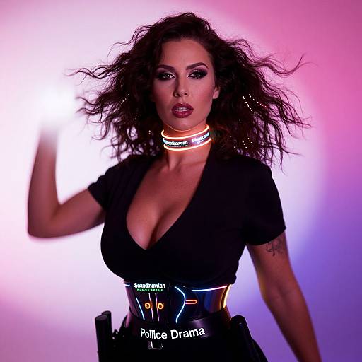 Photograph of a fierce woman with voluminous dark hair, wearing a low-cut black top, choker, and 