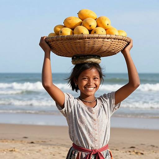 Photograph of a smiling young girl with dark skin, short black hair, wearing a white blouse and pink sash, carrying a woven basket of yellow