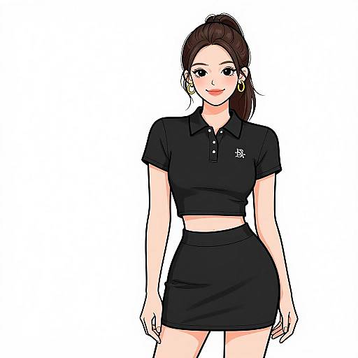 Digital anime-style drawing of a young woman with dark brown hair in a ponytail, wearing a black crop top and skirt, white background, smiling with