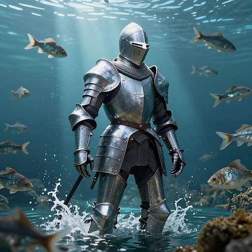 Photorealistic CGI of a silver-armored knight with a helmet, standing in underwater sunlight, surrounded by splashing fish.