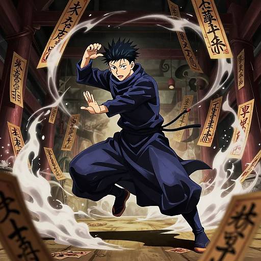 Digital anime illustration of a black-haired, blue-robed ninja mid-kick, surrounded by swirling white energy and floating paper talismans in a dim