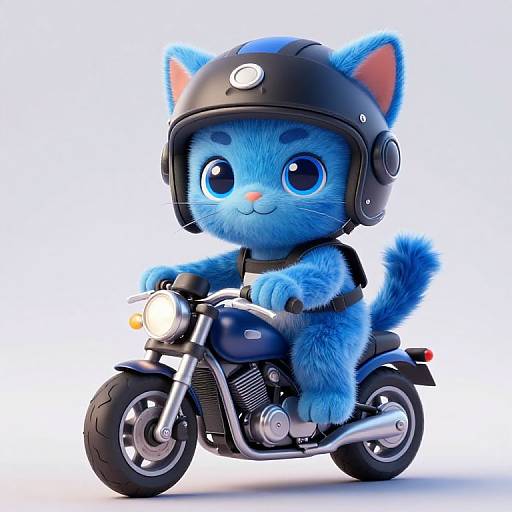 Cute, blue, cartoon cat with large eyes wearing a black helmet and leather jacket rides a shiny black motorcycle. Digital illustration.