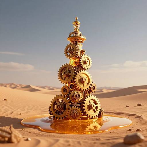 Photograph of a golden, gear-filled, steampunk-style pyramid standing in a desert oasis with a reflective puddle, under a clear blue sky