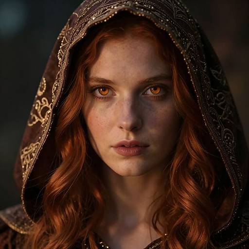 Photograph of a young woman with long, wavy red hair and intense amber eyes, wearing an ornate, dark brown hooded cloak. Her
