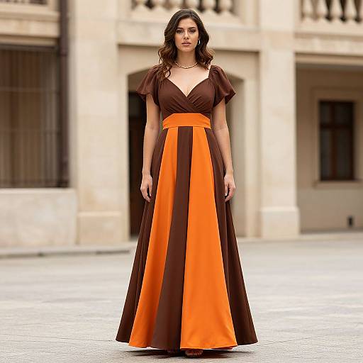 Photograph of a woman with wavy dark hair in a brown and orange floor-length dress, standing in an urban courtyard.