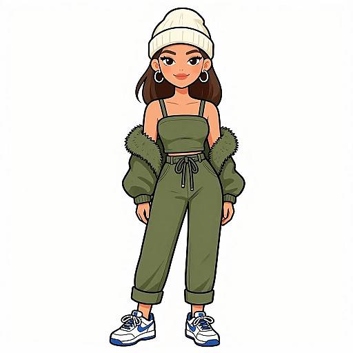 Digital illustration of a smiling Asian woman with long brown hair, wearing a white beanie, green off-shoulder jumpsuit, furry jacket, and