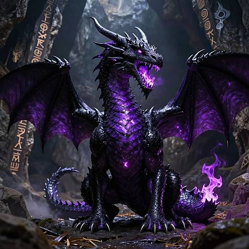 Digital fantasy artwork of a black, glowing purple dragon with wings, sharp claws, and a fiery tail, set in a dark, rocky cave with mystical