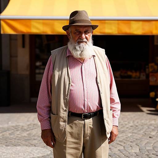 Photograph of an elderly white man with a white beard, brown hat, red striped shirt, beige vest, and khaki pants, standing in front
