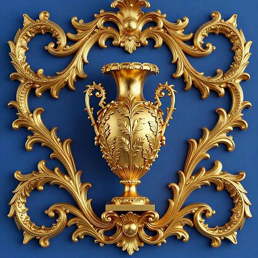 Ornate gold vase with intricate floral patterns, centered between elaborate, swirling golden baroque designs on a vibrant blue background. Digital artwork.