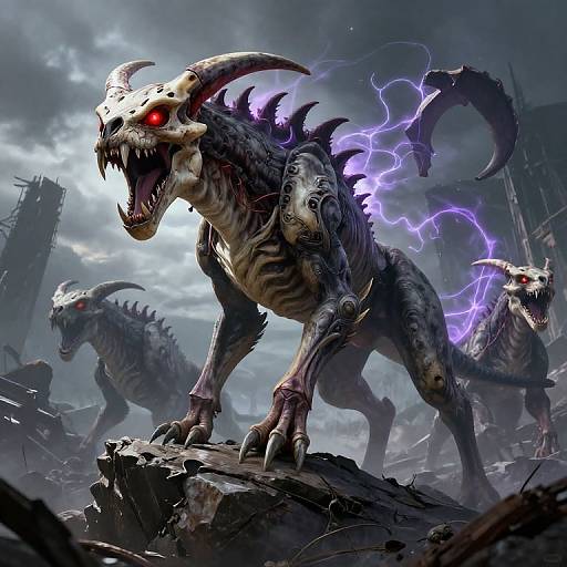 Digital artwork of three demonic, skeletal, purple-electrified creatures with glowing red eyes and sharp claws, standing on a ruined, stormy battlefield.