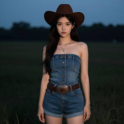 Photograph of an Asian woman with long black hair, wearing a brown cowboy hat, strapless denim romper, brown belt, and necklace, standing