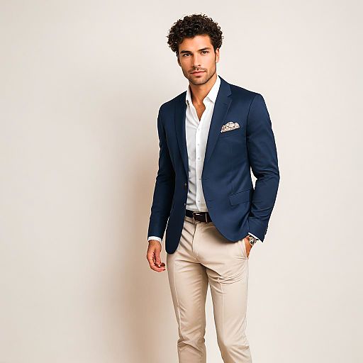 Stylish man in beige blazer and navy trousers