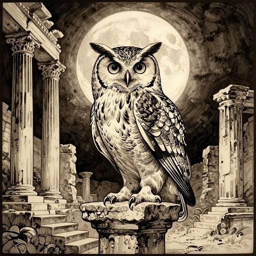 Black-and-white ink drawing of an owl with intense eyes, perched on a column, surrounded by ancient ruins and a full moon.