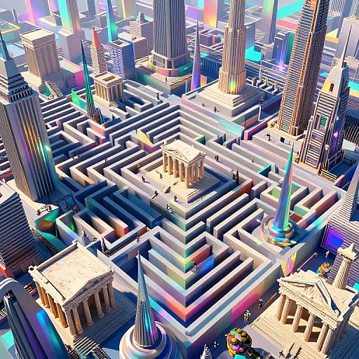 Digital CGI cityscape with a maze-like pattern of skyscrapers and neoclassical buildings, illuminated by colorful neon lights, creating a vibrant,