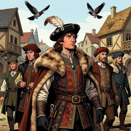 Digital illustration of four medieval men in ornate clothing, fur-trimmed robes, and feathered hats, walking past medieval houses with birds flying above