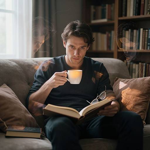 Photograph of a serious man with dark hair, wearing a black shirt, reading a book while holding a steaming white mug, sitting on a beige