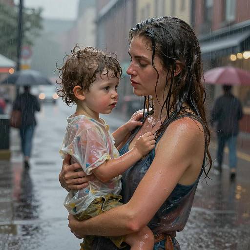 Rainy Day Embrace: A Mother and Son